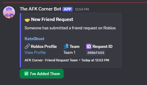 AFK Corner Bot Discord friend request DM
