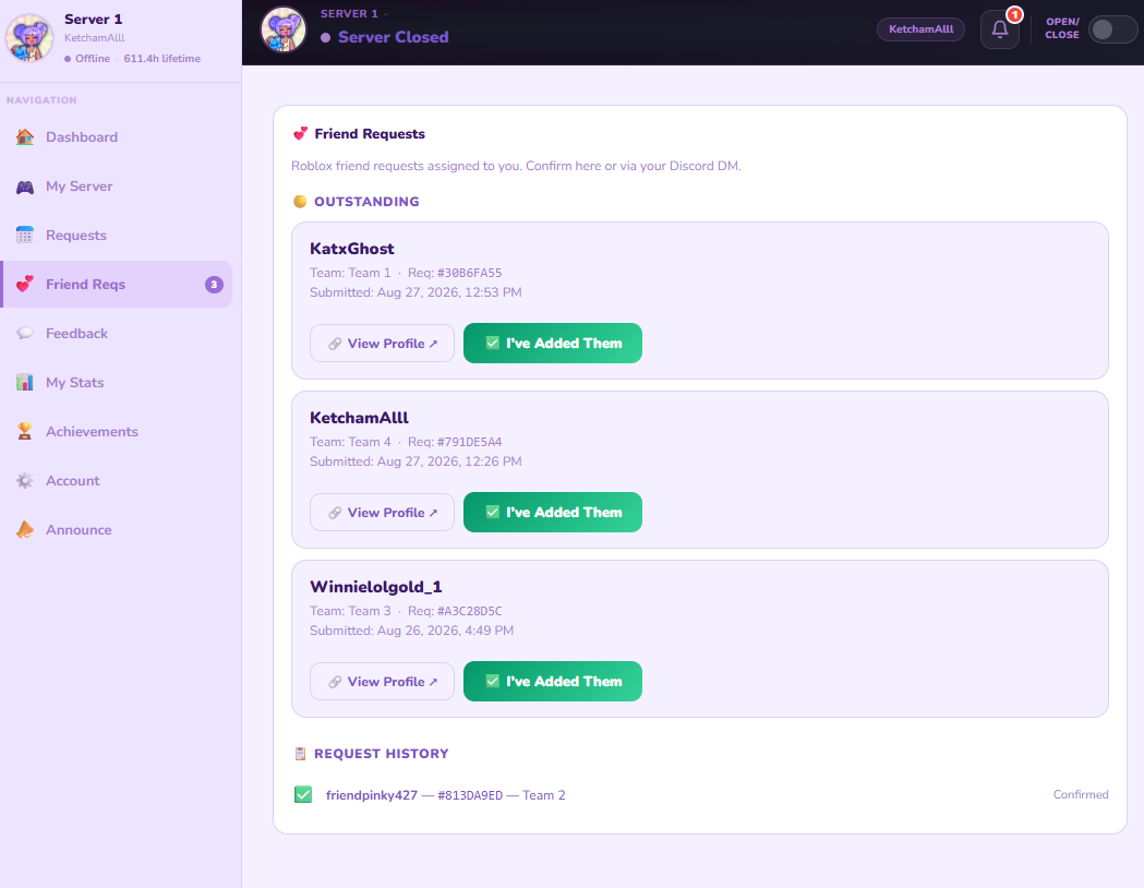 AFK Corner Host Portal Friend Requests page