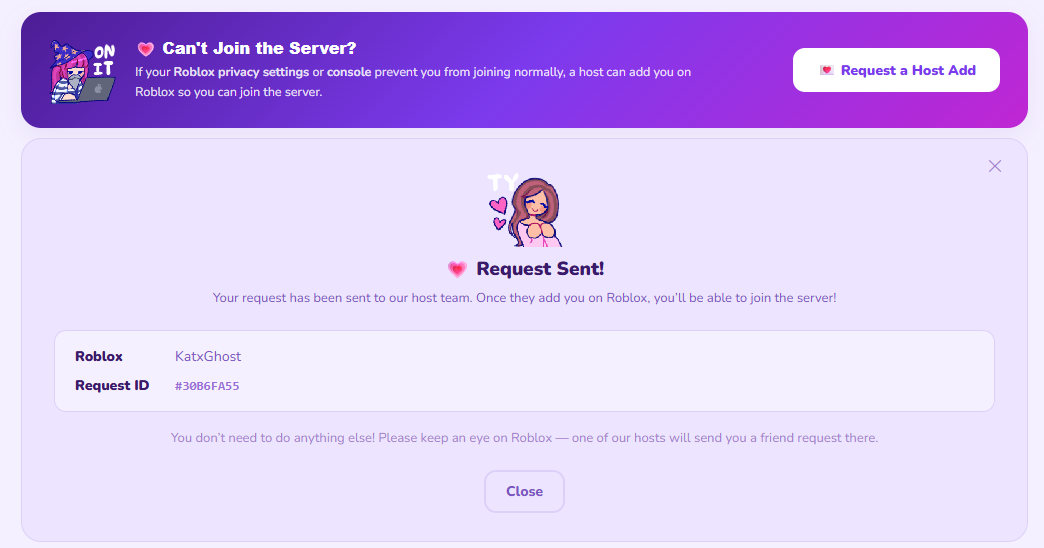 Friend request submitted confirmation screen