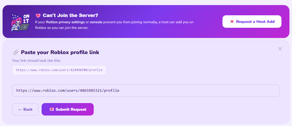 AFK Corner Roblox friend request submission screen